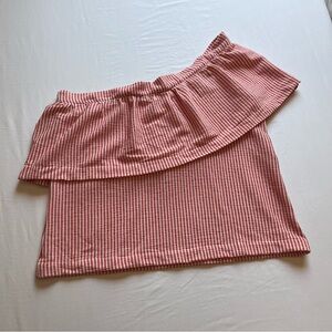 NWOT KOCH orange pink white striped seersucker one shoulder ruffle crop top